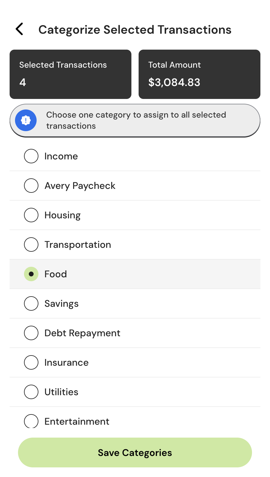 Bulk Category Selection Page