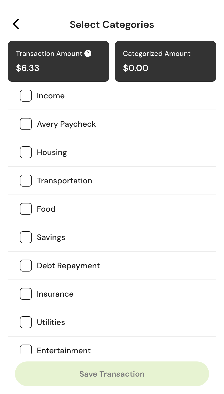 Category Selection Page