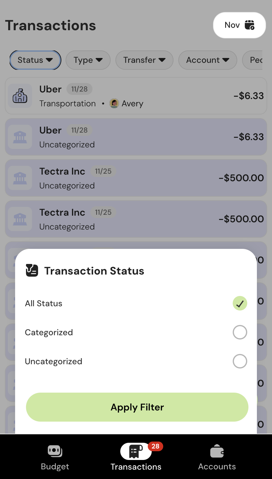 Transaction Filter Drawer