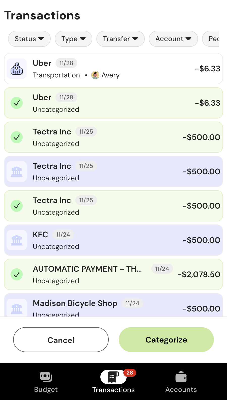 Transactions Selection Mode